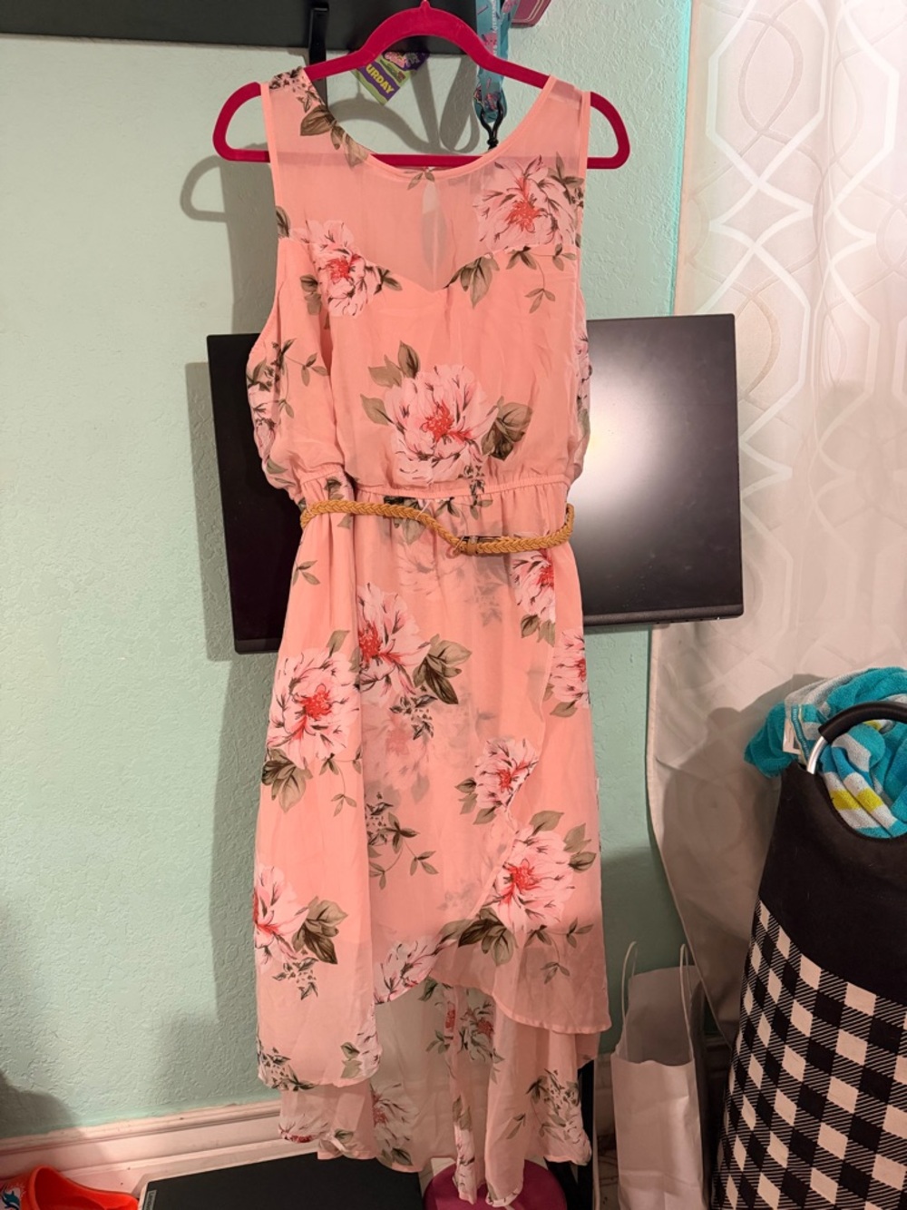 AS U WISH Floral High-Low Dress Size 1X Peach Pink Belted Chiffon
